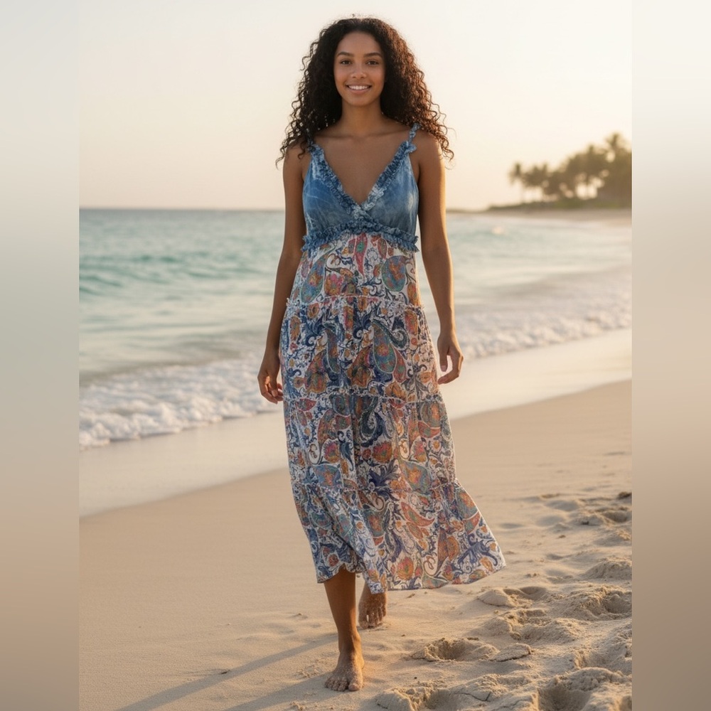 Florencia Blue Denim Top Paisley Maxi Dress